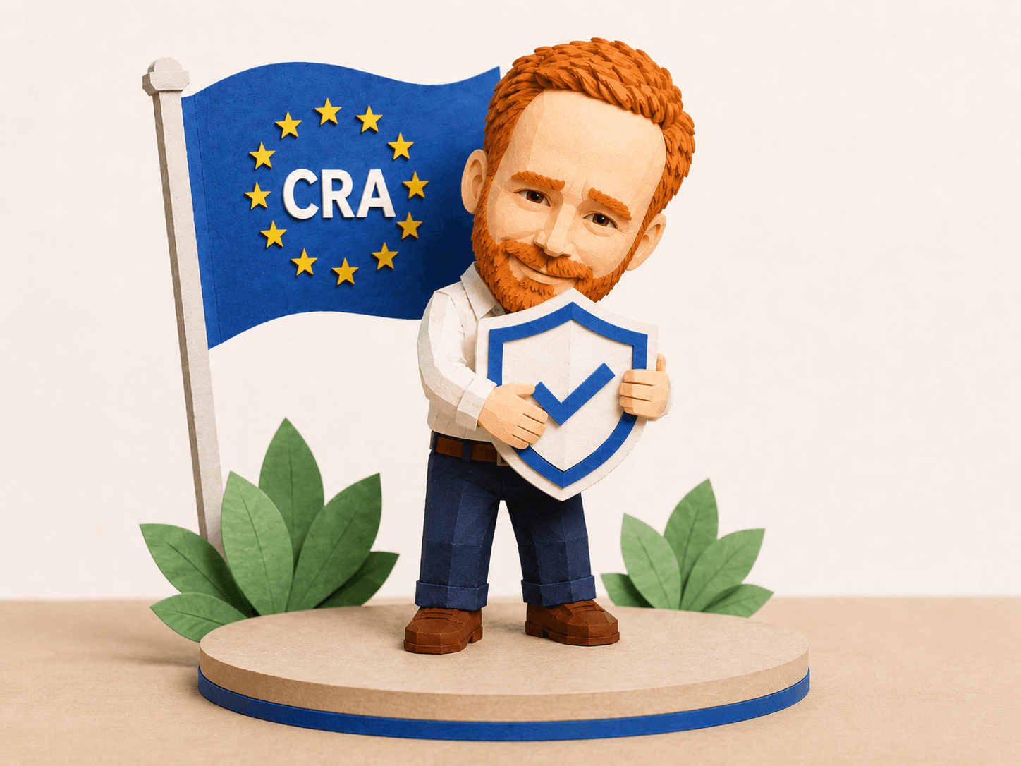 Michael hugs a shield representing security, papercraft illustration